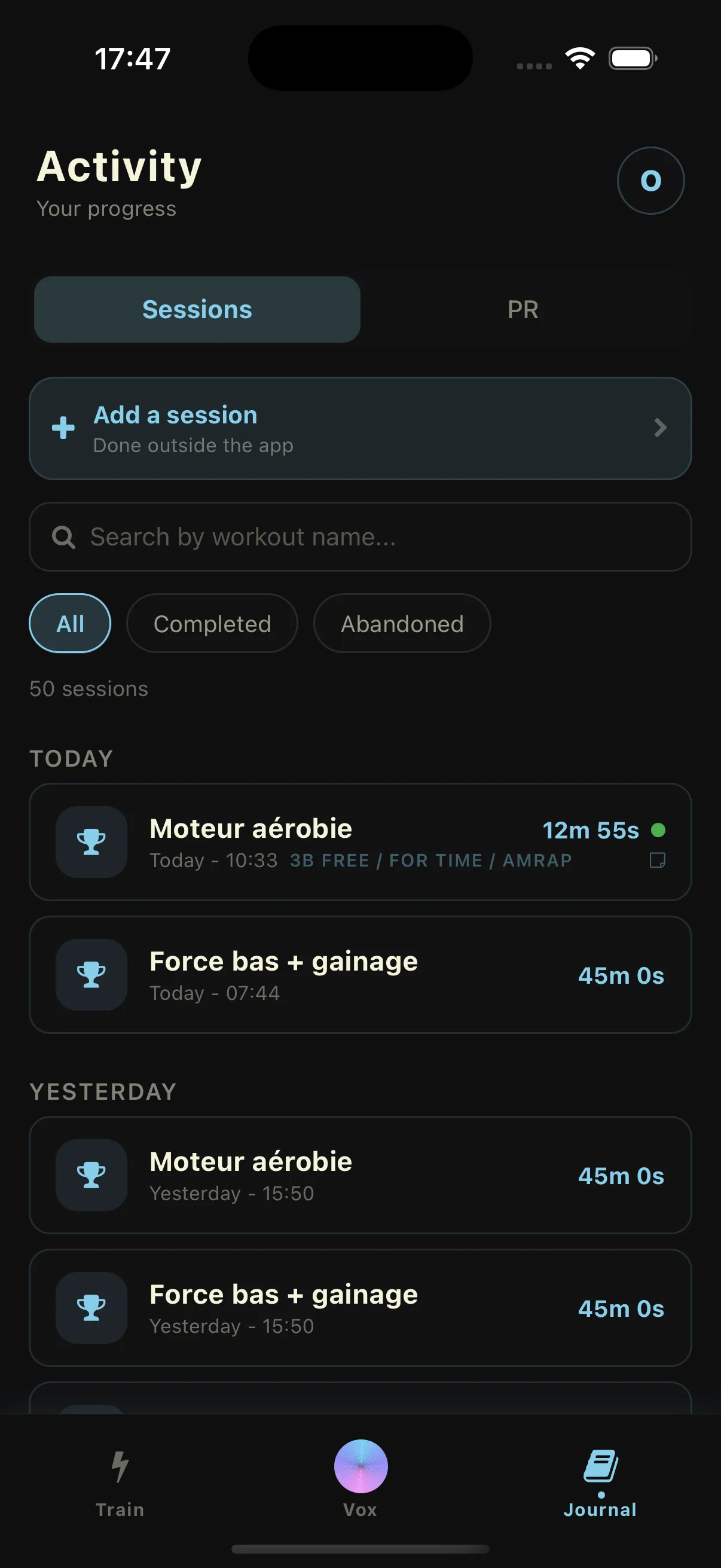 Evox session history and PR tracking, free
