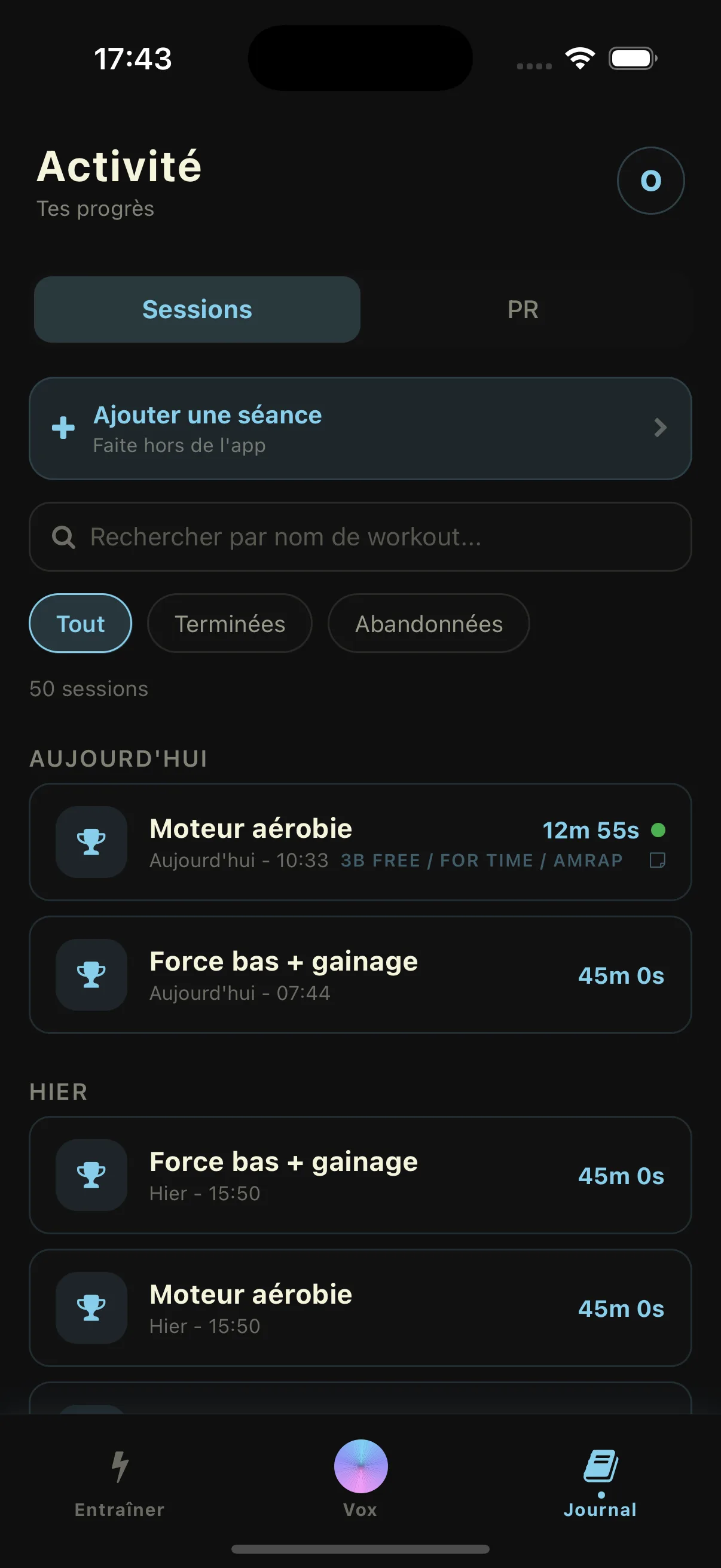 Historique de séances et suivi des PR dans Evox, gratuit