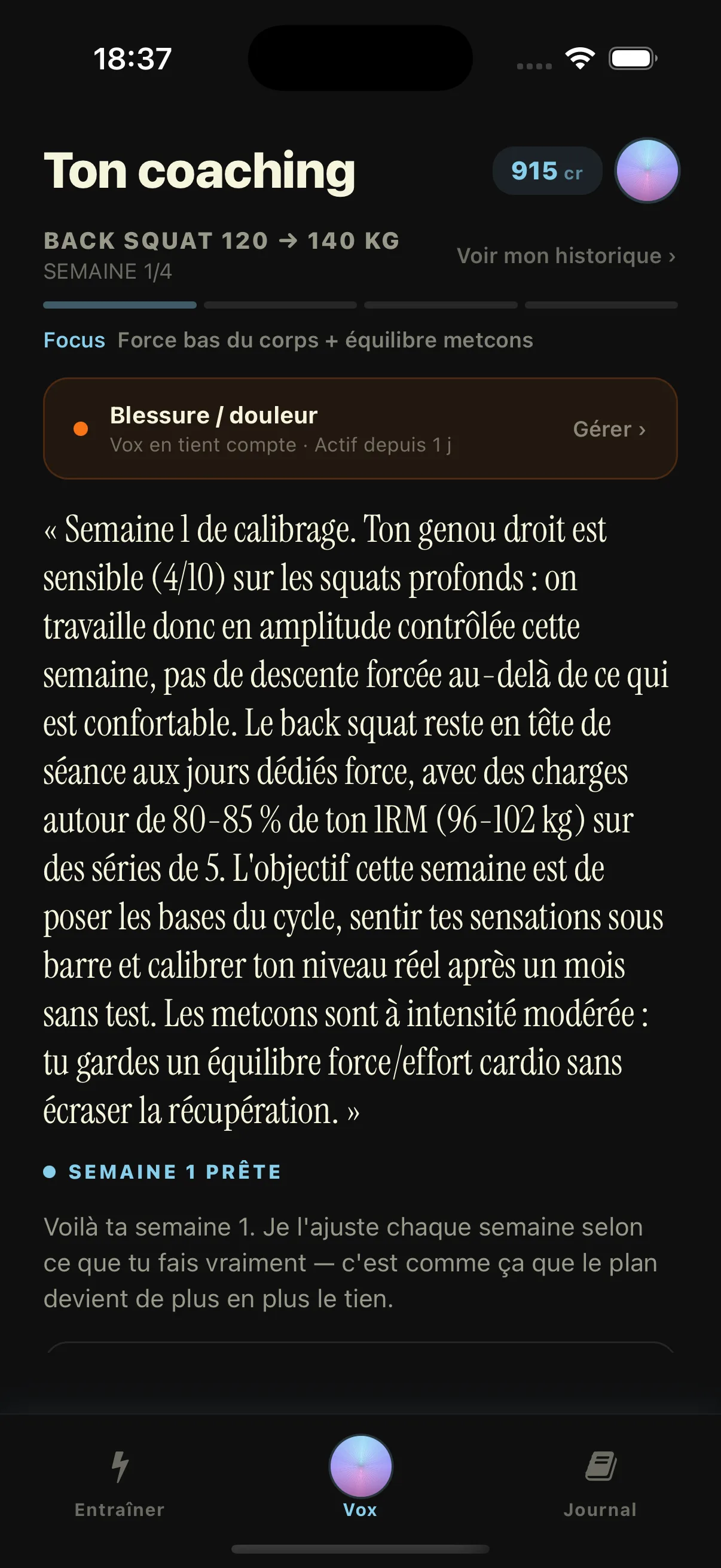 L’onglet Vox dans Evox : objectif, semaine du cycle en cours et note de coaching de la semaine