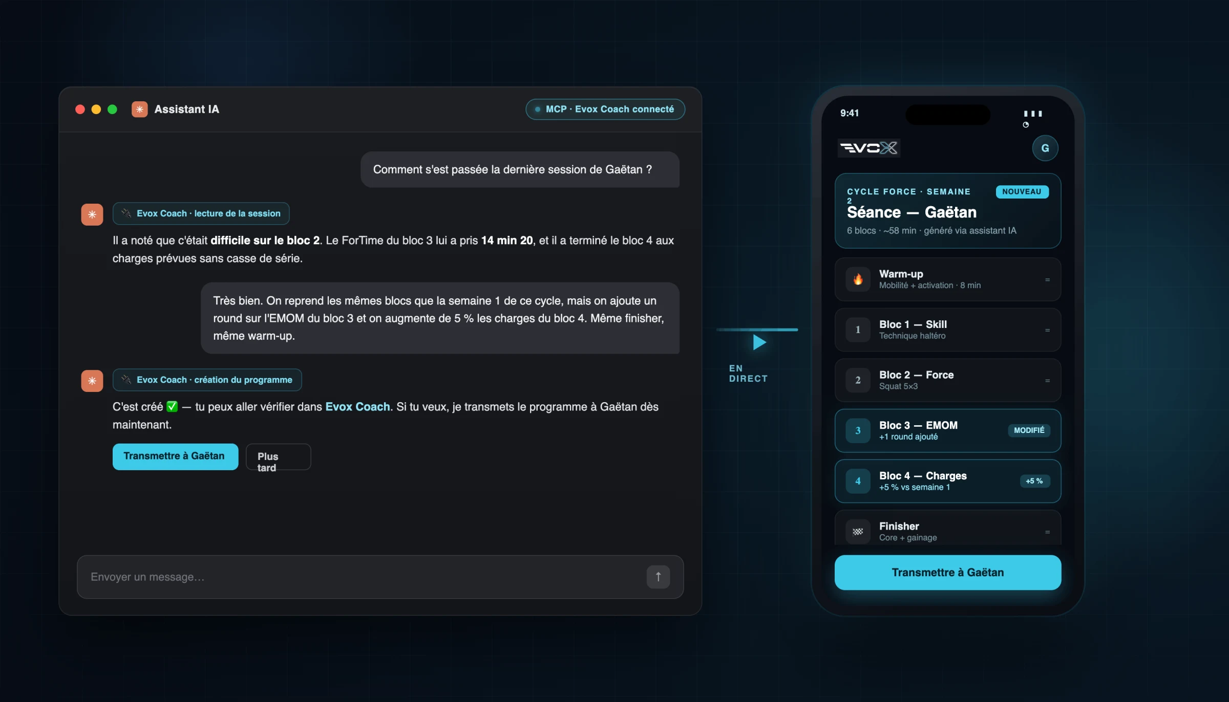 Concept : un coach ajuste le programme d'un athlète avec son IA, synchronisé vers l'app Evox Coach