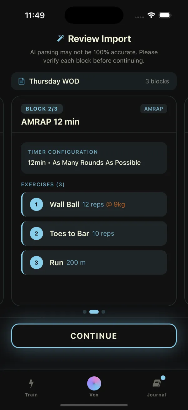 A workout imported from text in Evox