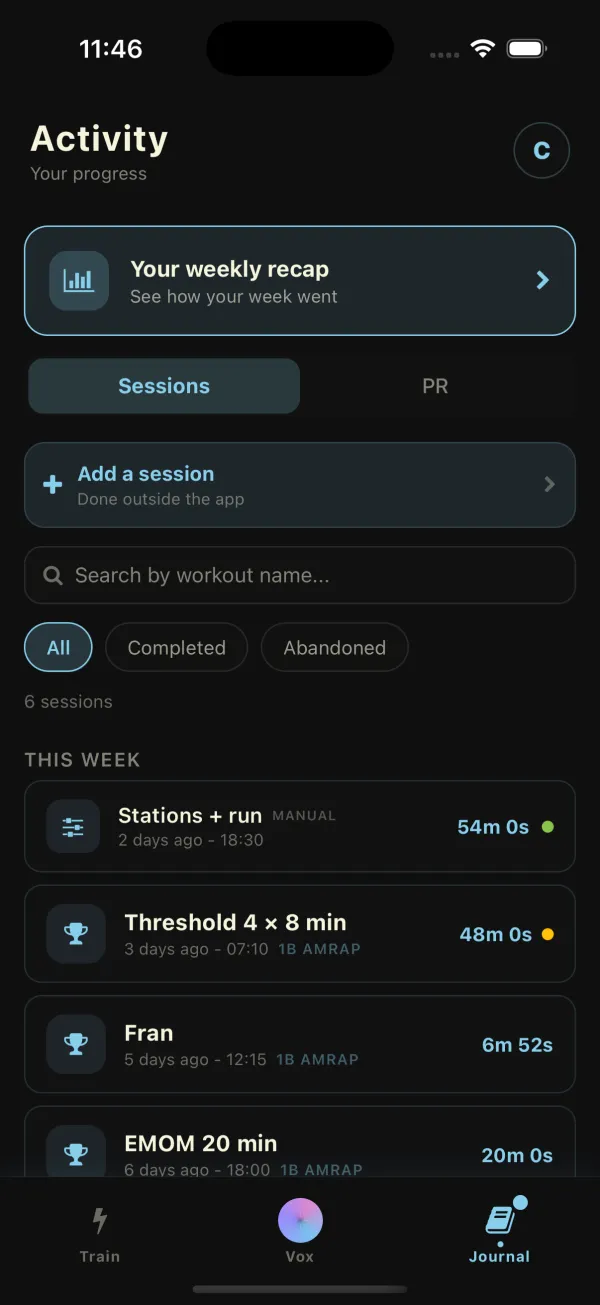 Evox journal with recent sessions